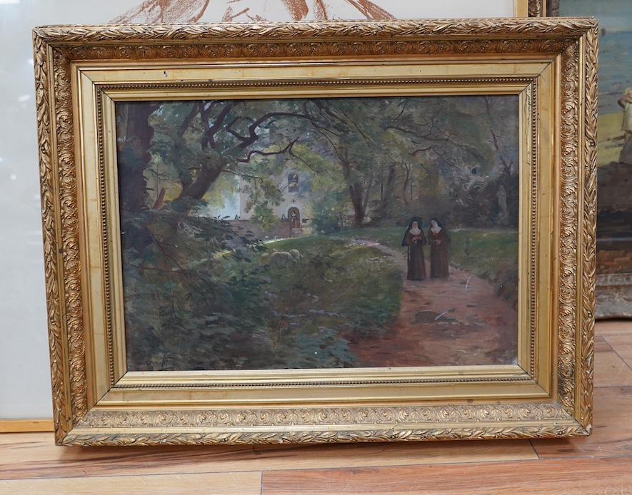 Edouard Gaspard Castres (1881-1964), oil on canvas, Nuns in Convent grounds, 37 x 53cm. Condition - good